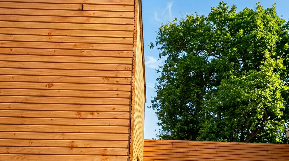 Bardage en bois naturel clair, pose horizontale à claire-voie, fixé sur une façade extérieure