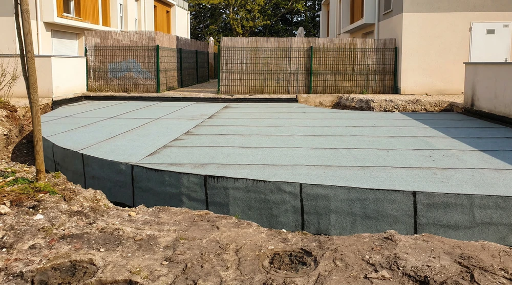 Chantier extérieur en cours, dalle de fondation avec isolation thermique en panneaux de polystyrène expansé (PSE) bleu-gris, recouverts d'une membrane d'étanchéité bitumineuse