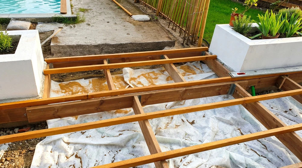 Construction d'une terrasse en bois en cours, en extérieur, près d'une piscine
