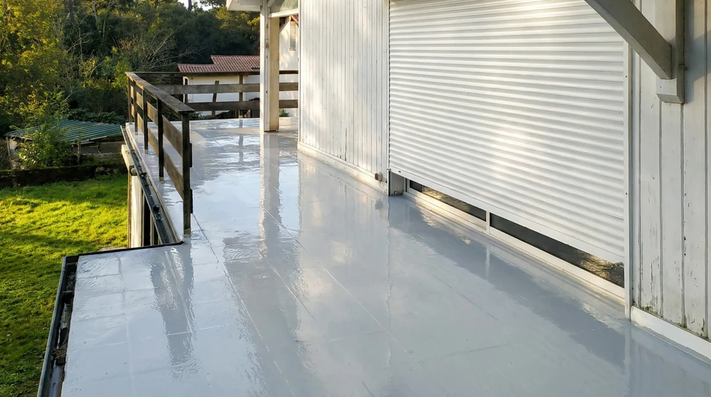 Toiture terrasse plate recouverte d'une membrane EPDM noire, avec joints de soudure visibles formant un quadrillage régulier
