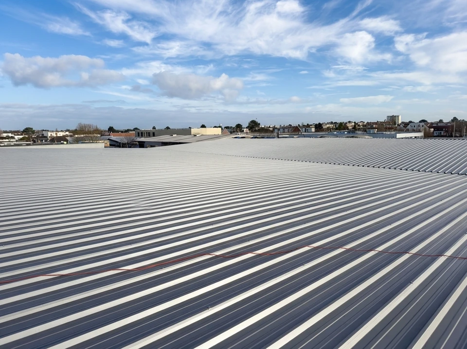 Chantier ext&eacute;rieur avec ouvriers en &eacute;quipements de protection individuelle sur nacelle &eacute;l&eacute;vatrice &agrave; ciseaux jaune, travaillant sur fa&ccedil;ade de b&acirc;timent industriel