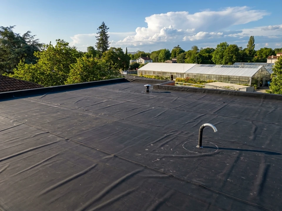 Chantier ext&eacute;rieur de pose d'&eacute;tanch&eacute;it&eacute; sur toiture terrasse