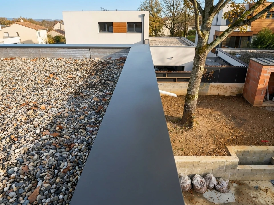 Terrasse extérieure avec revêtement d'étanchéité liquide gris brillant, aspect mouillé, pose récente